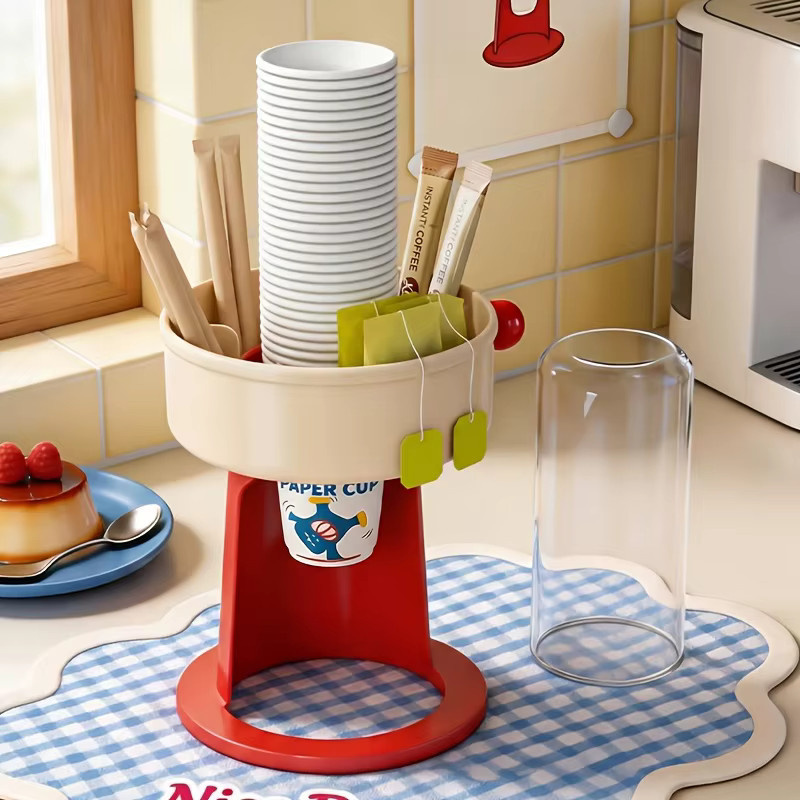 Platzsparender Pappbecher-Spender mit Aufbewahrungsfächern und Mehrzweckhalter aus Kunststoff in Weiß - Bild 1