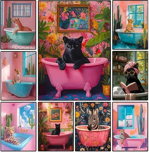 Minimalistisches Leinwandposter von Potdemiel mit Tier-Motiv Schwarz Katze und Gepard in der Badewanne in den Farben Schwarz, Rosa und Orange - Bild 1
