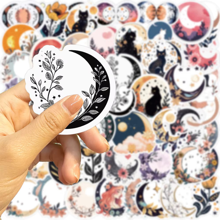 50 Stück wasserfeste Vinyl-Aufkleber mit Mond, Katze und floralen Pflanzen-Motiven in Multicolour für Wasserflaschen, Laptop und Handy - Bild 3