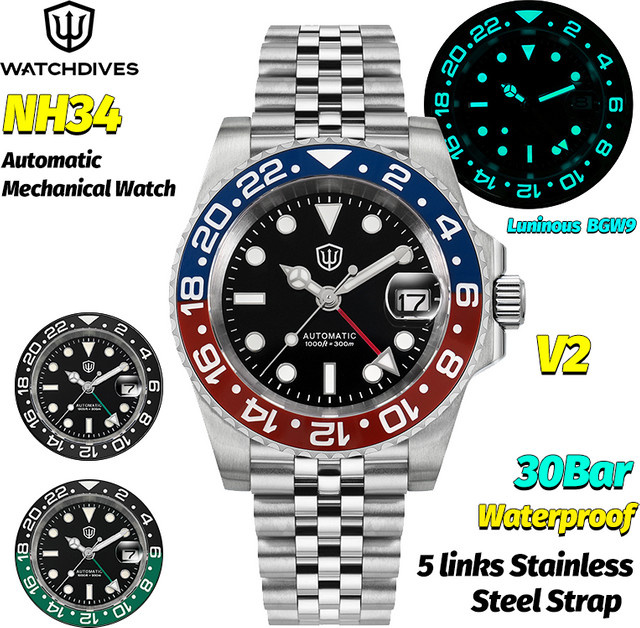 Watchdives Automatische Taucheruhr, GMT, Edelstahl, Saphirglas, 30 ATM, Unisex - Bild 1