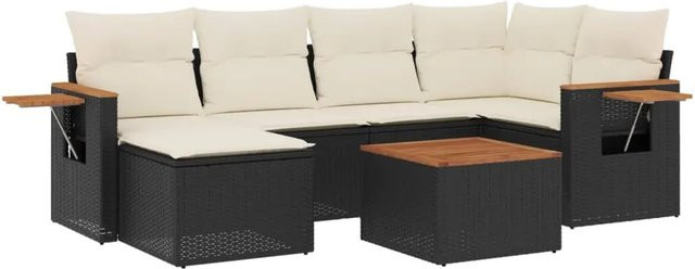 vidaXL 7-tlg Garten-Sofagarnitur aus Poly-Rattan und Akazienholz in Schwarz mit cremeweißen Kissen - Bild 1
