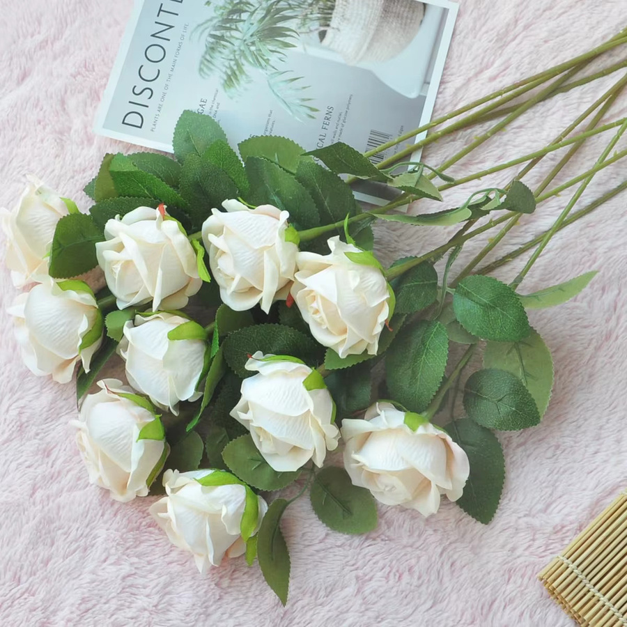 Künstliche Seidenrosen als lange Zweige in Beige und Weiß für Brautstrauß, Hochzeit und Tischdekoration im 2er oder 6er Set - Bild 2