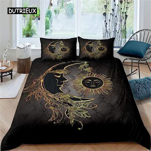 Flylo Bettwäsche Set mit Bettbezug und Kissenbezug im Boho-Stil mit Sonnenblumen und Mandala-Design, Gelb-Schwarz, B/H: 140 x 210 cm - Bild 1