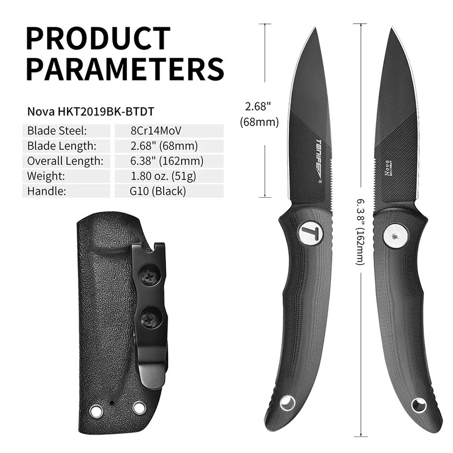 TONIFE Nova Kleines feststehendes Messer aus Edelstahl, gerades Daumenmesser in Schwarz für Outdoor, Jagd, Camping und EDC - Bild 4