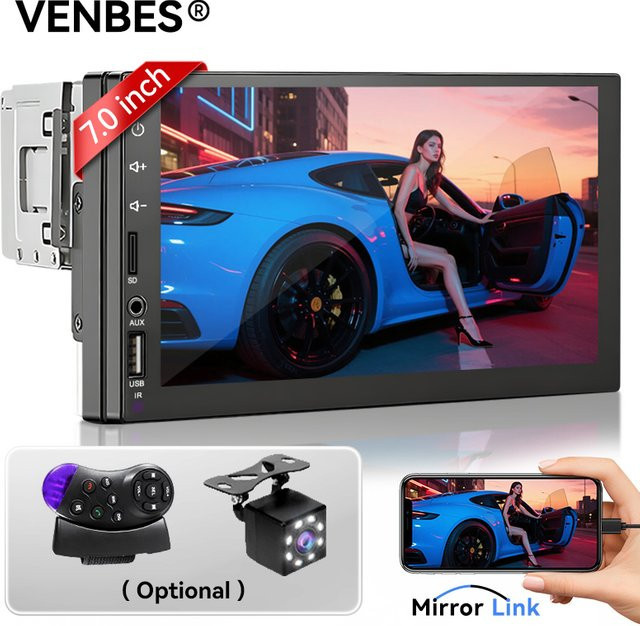 VENBES Universelles 1 DIN Autoradio mit 7 Zoll Touchscreen, Bluetooth, USB und Rückfahrkamera in Schwarz - Bild 1