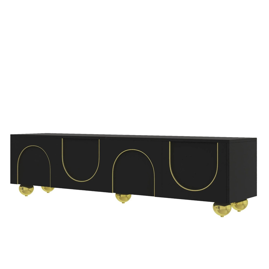 okwish TV Schrank in Schwarz mit goldenen Griffen und Füßen, ausgestattet mit Schubladen und offenen Fächern, B/T/H: 170 x 38 x 44 cm - Bild 2