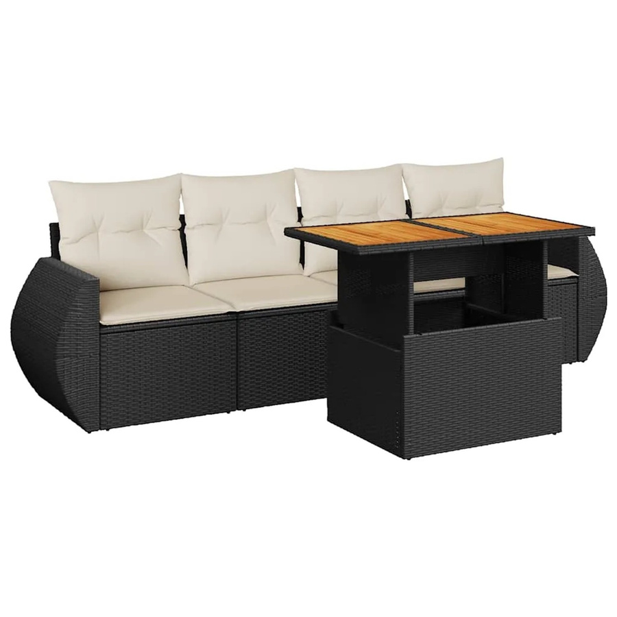 vidaXL 5-teilige Garten-Sofagarnitur aus Poly-Rattan und Akazienholz mit Kissen in Schwarz-Creme - Bild 2