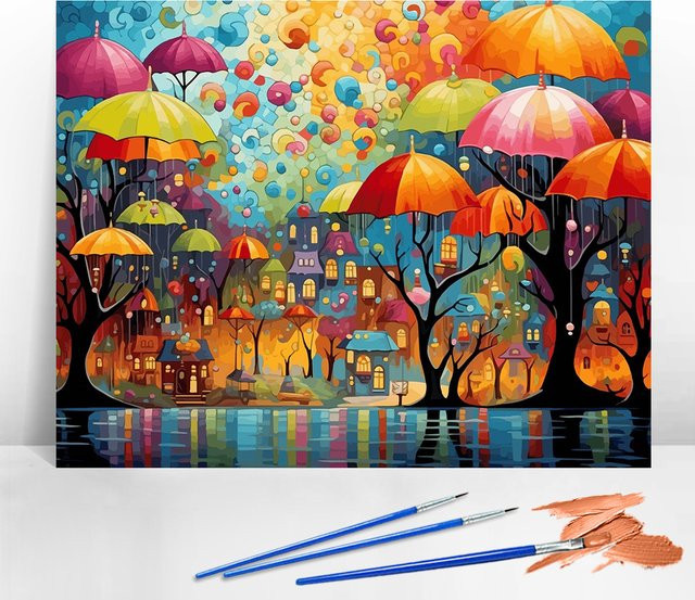 Malen nach Zahlen Set Fantasy-Landschaft mit Regenschirm und Baum in Multicolour als DIY Kunsthandwerk auf Leinwand - Bild 1