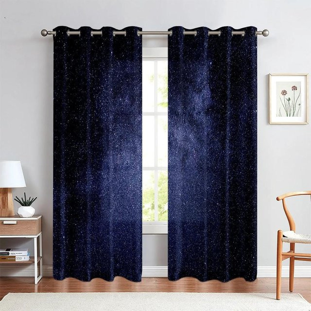 2er-Set Vorhänge mit kosmischem Galaxie- und Sternenprint in Lila und Blau, B: 50 cm, H: 130 cm - Bild 1