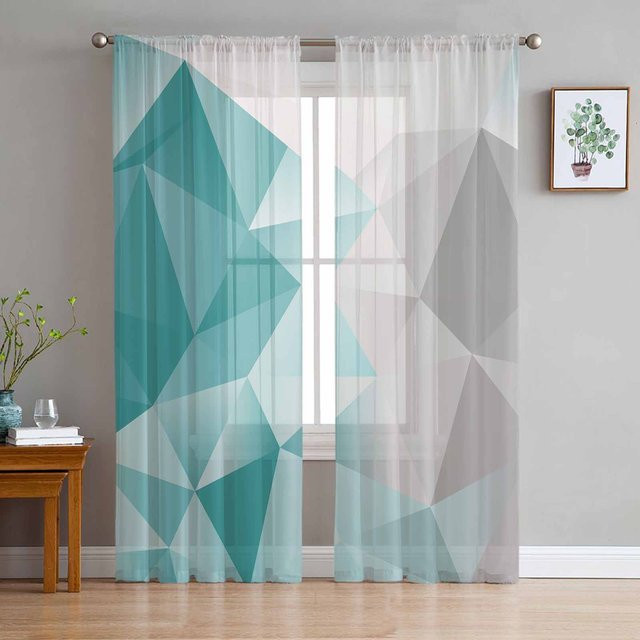Transparente Tüll-Vorhänge von Super Six mit abstraktem Dreieck-Farbverlauf in Blau, Grün und Grau, Breite: 135 cm, Höhe: 114 cm - Bild 1