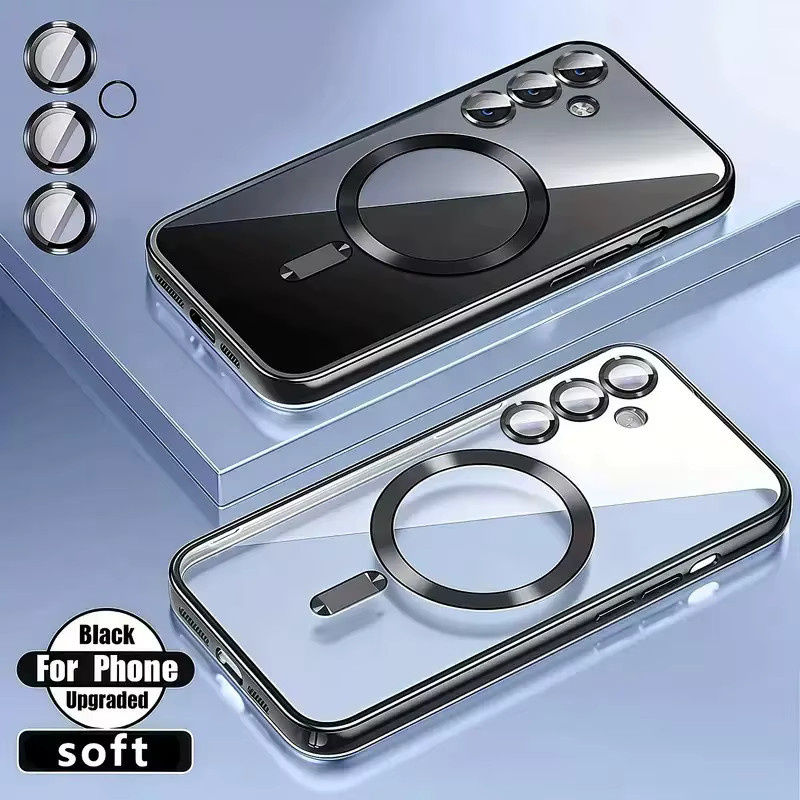 Transparente magnetische Handyhülle mit Kameraschutz und galvanisierter Abdeckung für Samsung Galaxy S25FE in Schwarz - Bild 3