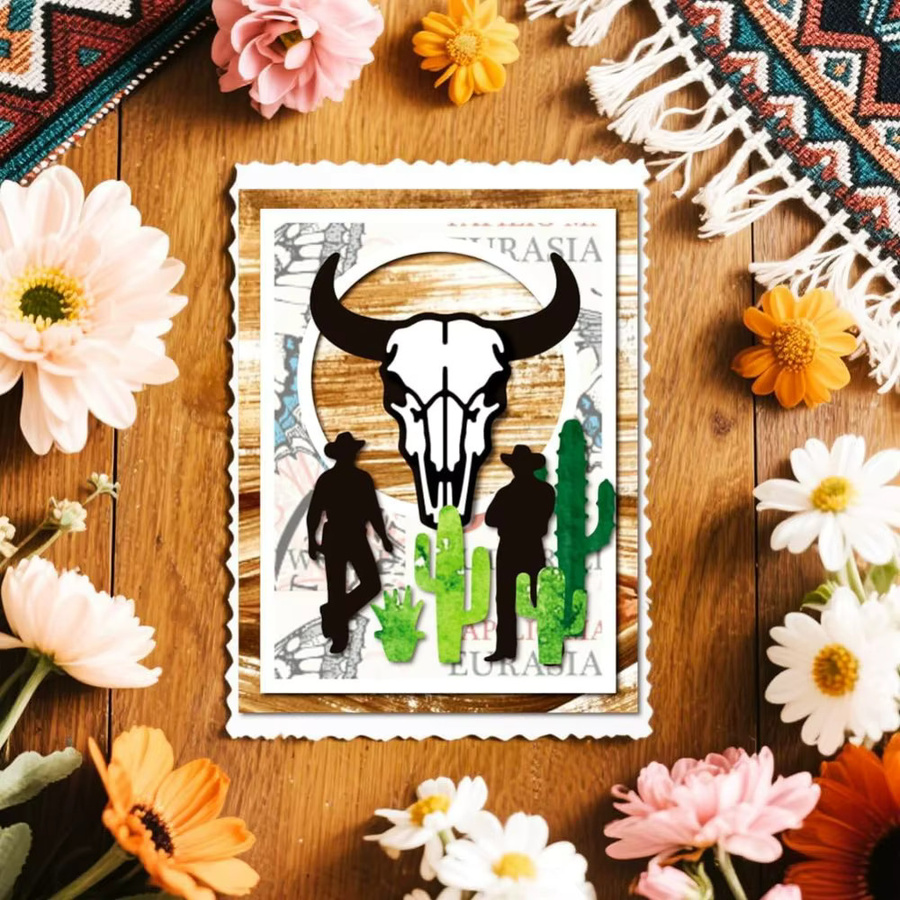 Western Cowboy Metall Stanzformen Set mit Kuh Schädel, Pferd, Wüste und Kaktus für Scrapbooking in Silber - Bild 3