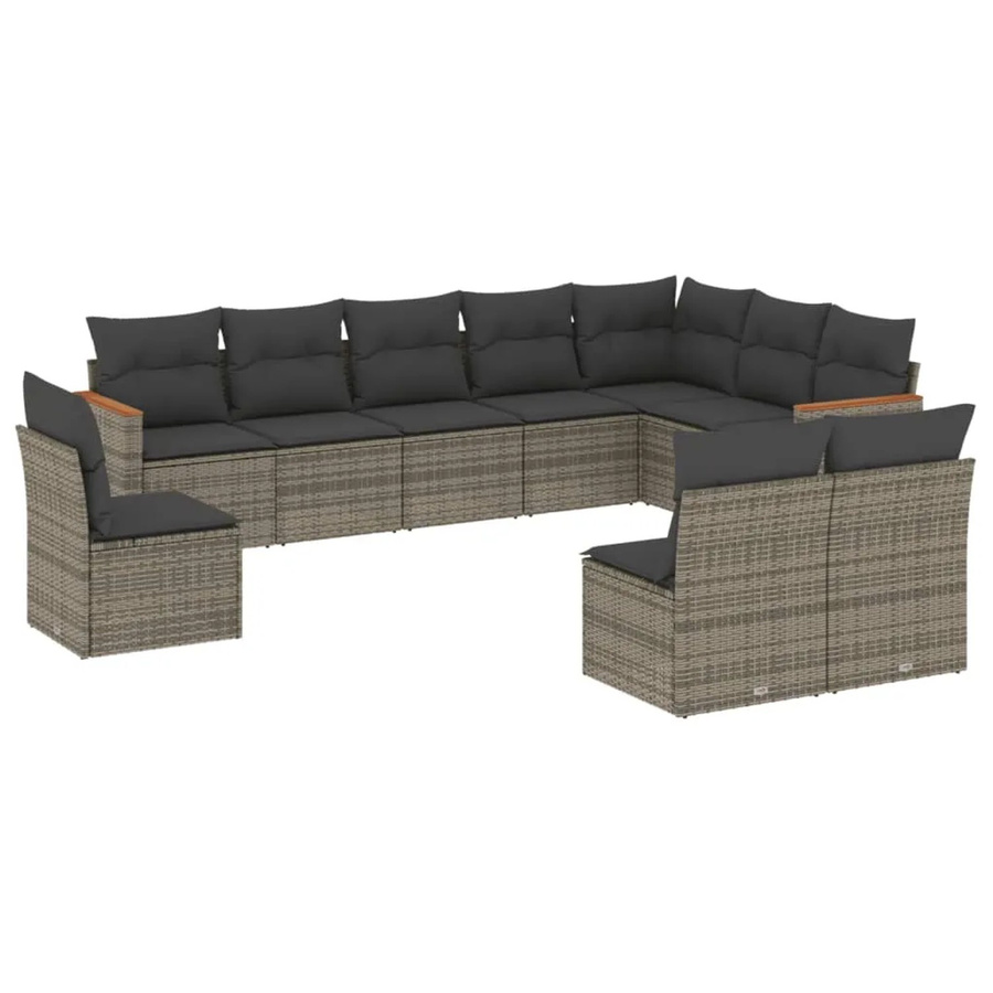 vidaXL 10-tlg. Garten-Sofagarnitur in L-Form aus Poly-Rattan und Akazienholz in Grau mit Kissen und Stauraum - Bild 2