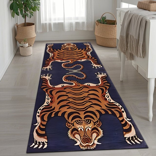 VIKAMA Teppich im ethnischen Stil mit Tiger-Motiv in Blau, rutschfest und pflegeleicht, rechteckig - Bild 1