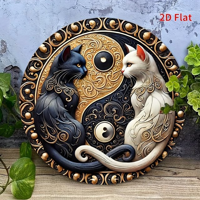 Potdemiel Rundes Aluminiumschild mit Katzenmotiv in Schwarz-Weiß, Rustikale Metall-Dekoration für Café und Restaurant, Durchmesser: 20 cm - Bild 1