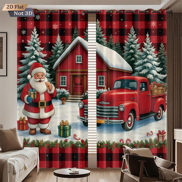 Set aus 2 verdunkelnden Weihnachts-Vorhängen mit Weihnachtsmann-Motiv in Multicolor, Polyester, B: 100 cm, H: 70 cm - Bild 1