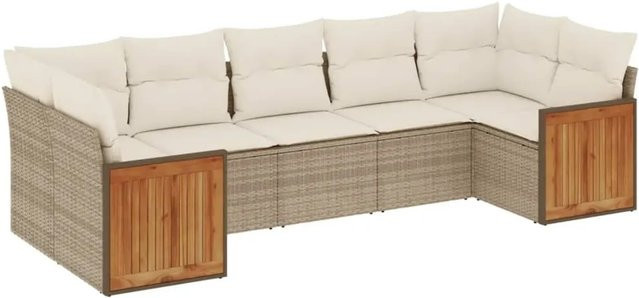 vidaXL 7-teilige Garten-Sofagarnitur in L-Form aus Poly-Rattan und Akazienholz in Beige-Creme mit Sitzkissen und Stauraum - Bild 1