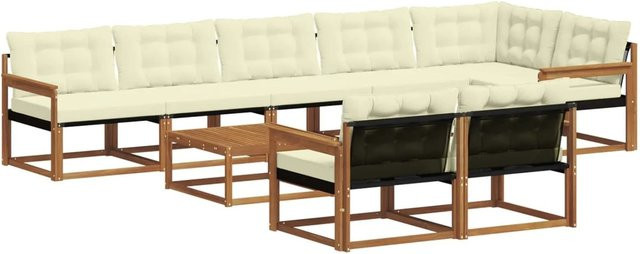 vidaXL 9-tlg. Outdoor-Sofagarnitur in L-Form aus massivem Akazienholz mit Textilene und Kissen in Natur und Creme - Bild 1