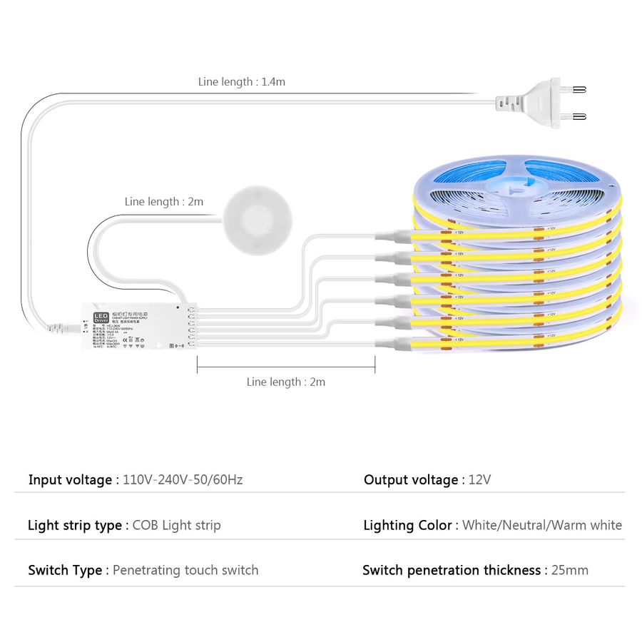 Rybakov Flexible COB LED Streifen mit Touch Dimmer und Netzteil in Natural White - Bild 2