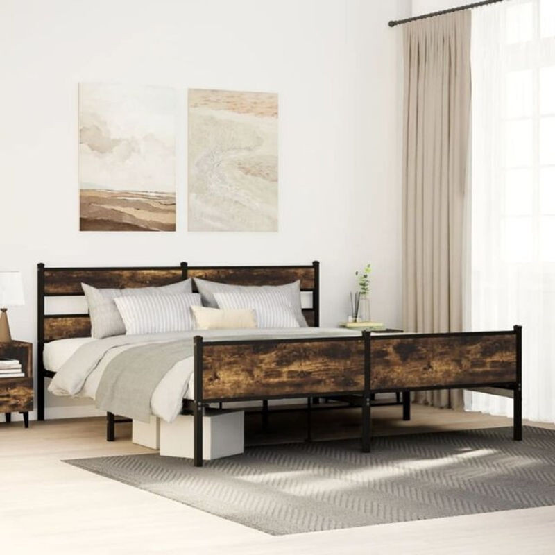 Metallbett Vidaxl in Räuchereiche Braun im Industrial Design, B/T/H: 183 x 213 cm, ohne Matratze - Bild 1