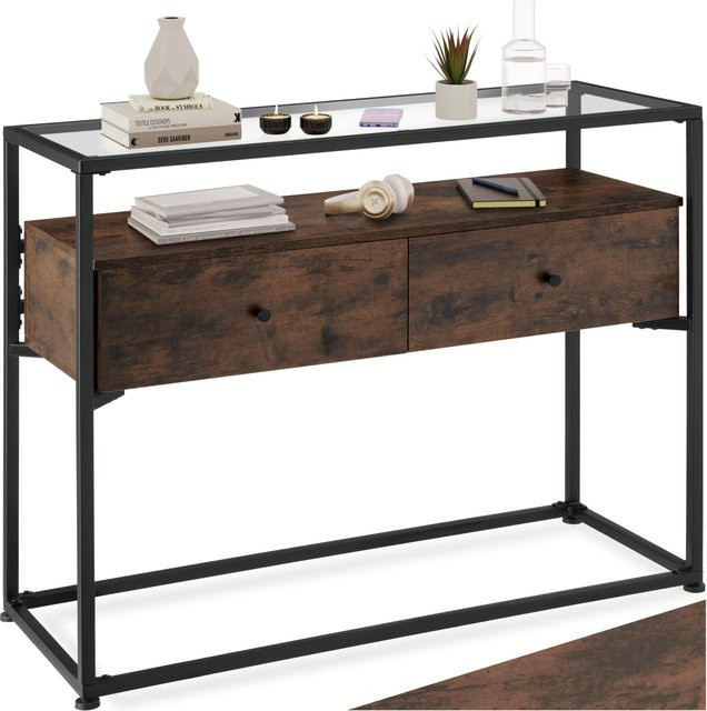 tectake Konsolentisch im Industrial Style mit Sicherheitsglas und 2 Schubladen, Farbe Braun, B/T/H: 101,5 x 41,5 x 80,5 cm - Bild 1