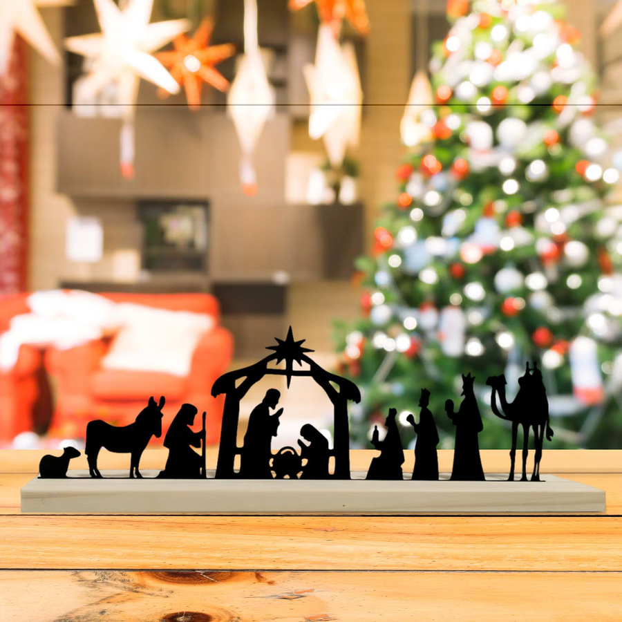 Kesoto Weihnachtskrippe aus Metall mit Holzsockel in Schwarz als minimalistische Weihnachtsdekoration für dein Zuhause - Bild 2