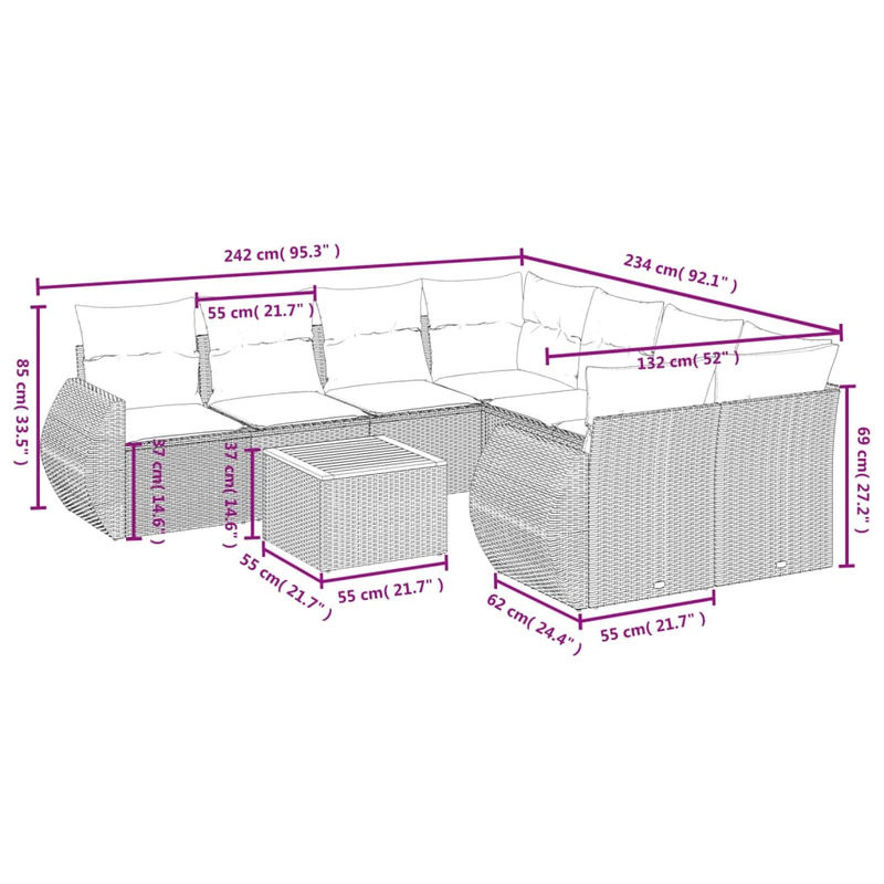 Vidaxl Gartenmöbel-Set aus Polyrattan mit Kissen, 9-teilig, Grau, Modernes Design - Bild 3