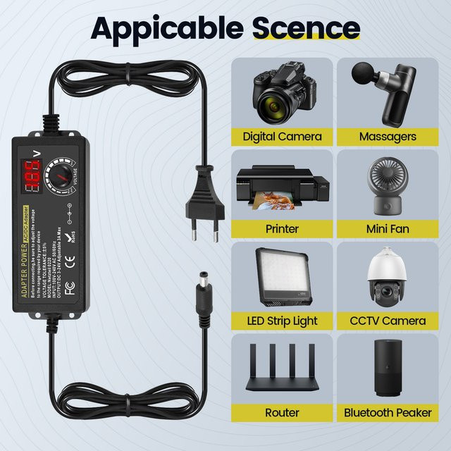 Rbefeuly Universal-Netzteil 72 W AC/DC-Adapter-Ladegerät in Schwarz mit 14 DC-Spitzen und umgekehrtem Polaritätskabel für Kamera und LED-Streifen, 3–24 V, max. 3000 mA - Bild 1