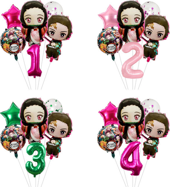 Bandai Anime Demon Slayer Kimetsu No Yaiba Geburtstags-Deko Set mit Folienballons und Zahlen-Ballons in Mehrfarbig - Bild 1