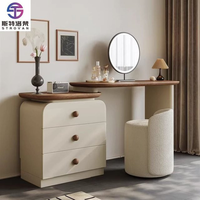 XMSJ Schminktisch aus massivem Holz im französischen Antik-Stil mit LED-Beleuchtung und drehbarem Hocker in Beige - Bild 1