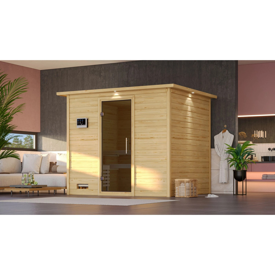 Karibu Sauna Sarina aus Fichte und Espe mit 9,0 kW Ofen, externem Steuergerät, LED-Dachkranz und Ganzglastür in Grau-Braun, B/T/H: 231 x 200 x 196 cm - Bild 3