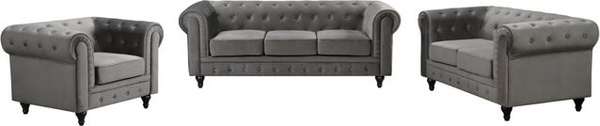 3-teiliges Chesterfield Sofa-Set von Happy Home aus Samtstoff in Grau bestehend aus 3-Sitzer Sofa, 2-Sitzer Sofa und Sessel