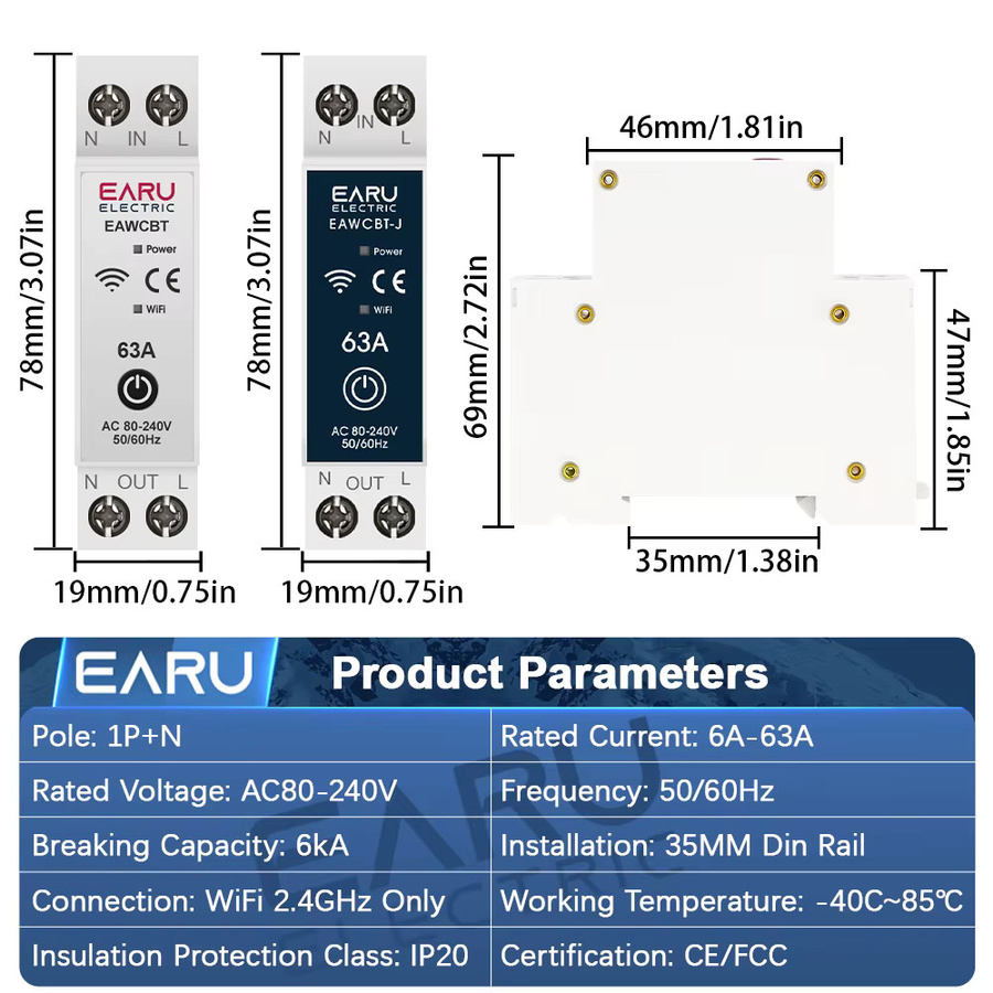 EARU Tuya MCB WiFi Intelligenter Schutzschalter mit Energie-KWh-Spannungs-Strommessgerät und Zeitrelais in Weiß - Bild 2