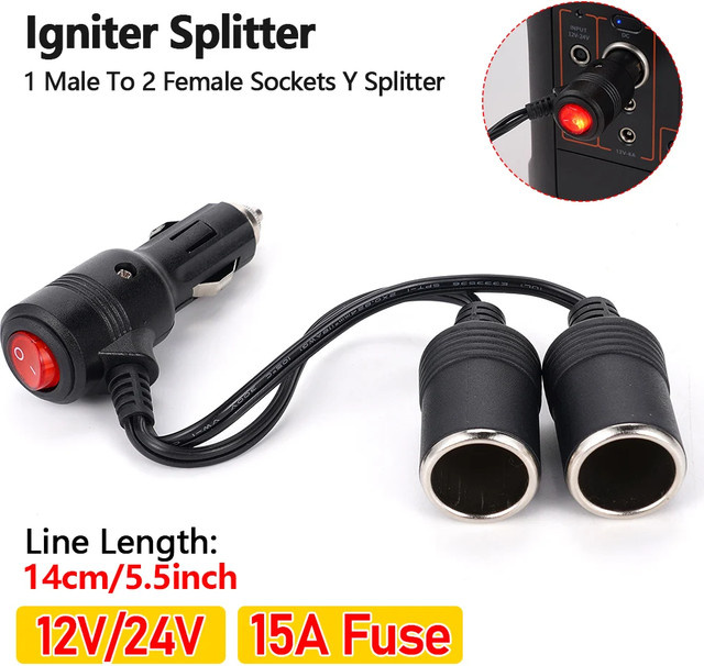 HulitTop Auto-Zigarettenanzünder Y-Splitter Adapter mit Ein- und Ausschalter, 1 Stecker auf 2 Buchsen, 15A, 12V/24V, Schwarz - Bild 1