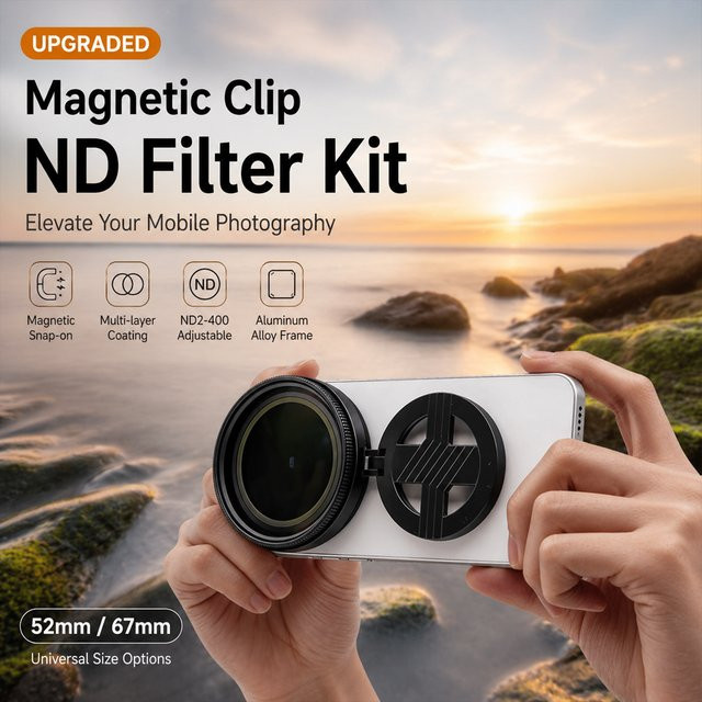 OBKEY Magnetisches Handy-ND-Filter-Set Schwarz, Einstellbarer ND2-400 Kamera-Objektivclip für iPhone und Android Smartphone, 52mm und 67mm für Vlog und Fotografie - Bild 1
