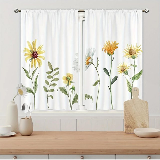 2er-Set Fenstervorhänge von Household supplies MH mit Sonnenblumen-Print und Karomuster, Weiß, B: 70 cm, H: 60 cm - Bild 1