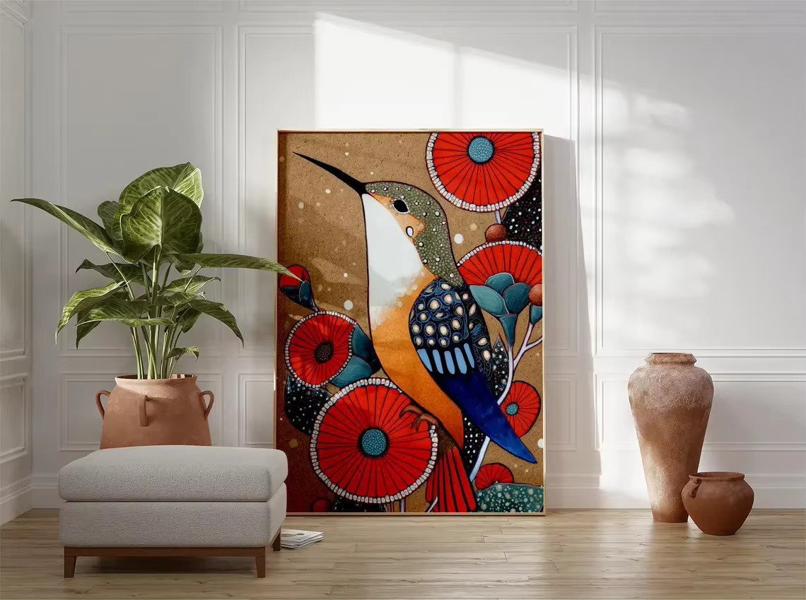 Kolibri Wandkunstdruck von SHENCHEN mit buntem Boho-Blumendekor und Naturmotiven auf Papier - Bild 3