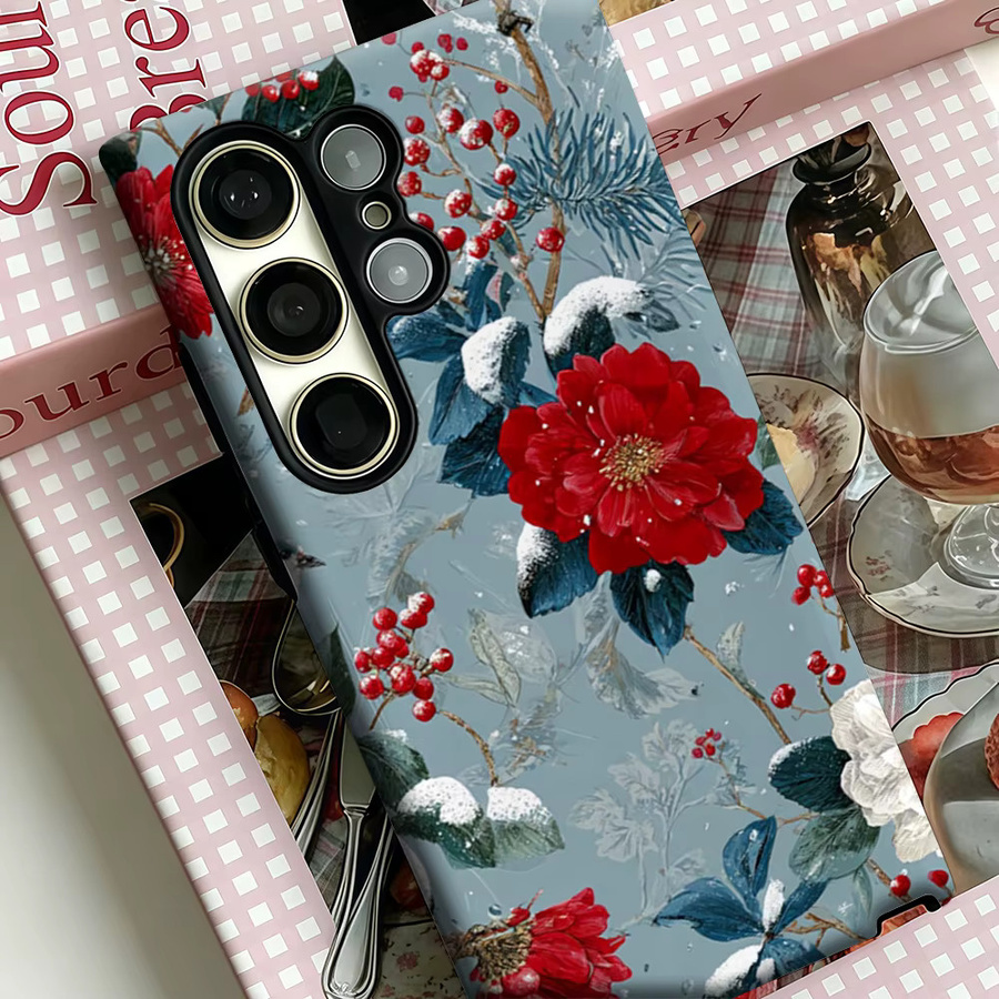Stoßfeste Doppelschicht Handyhülle mit winterlichem Schnee-Blumen- und Vogel-Design für Samsung Galaxy S25 Ultra, S24 und S23 Ultra Plus, Multicolor - Bild 4