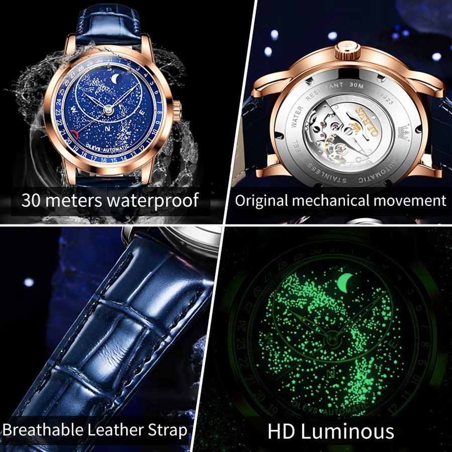 OLEVS Armbanduhr Automatik, Edelstahl, Leder, Blau, Mondphase, Kompass, Herren - Bild 5