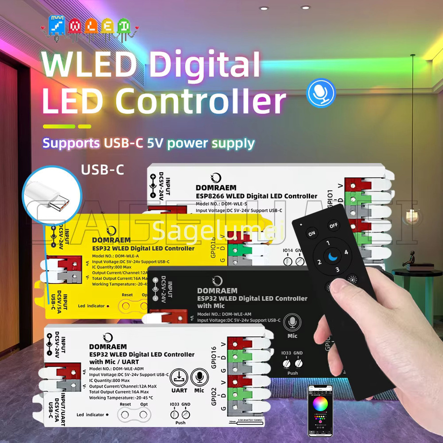 DOMRAEM WLED Digitaler LED-Controller ESP8266/ESP32 mit Mikrofon und UART, WiFi Remote, USB-C, Weiß - Bild 2