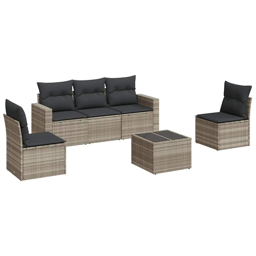 vidaXL 6-teilige Garten-Sofagarnitur aus Poly Rattan in Hellgrau mit Kissen und Couchtisch - Bild 2