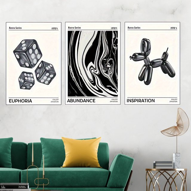 Potdemiel 3-teiliges Wandkunst-Set aus Leinwand mit abstrakten Hunde-Motiven im Art-Deco-Stil, Schwarz, Rahmenlos - Bild 1