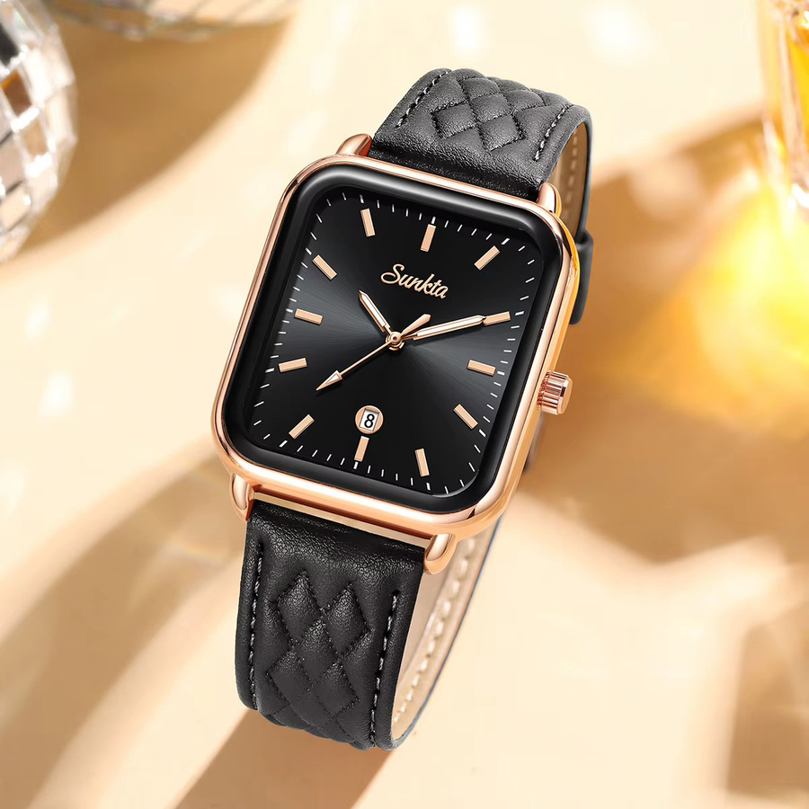 SUNKTA Armbanduhr Damen, Quarz, Leder, Roségold, Eckig, Schwarz - Bild 4