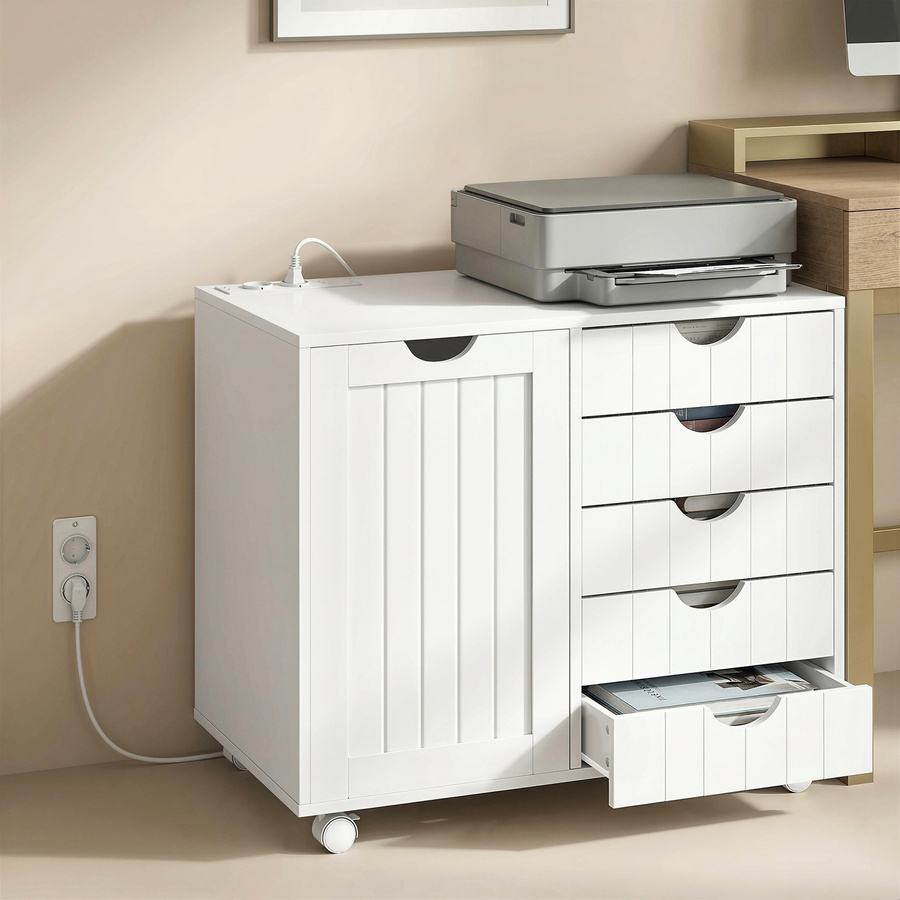 HOMCOM Druckertisch mit integrierter Ladestation und Rollen, Druckerständer mit 5 Schubladen, USB-Ports und verstellbarem Einlegeboden, Weiß - Bild 2