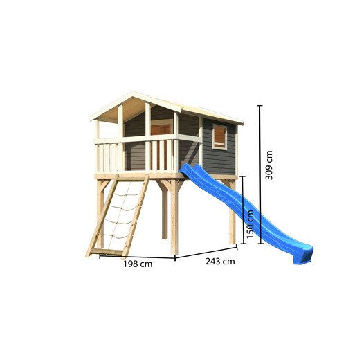 Karibu Stelzenhaus Benjamin Spielturm in Terragrau mit Leiter, Netzrampe und Rutsche in Blau, B/H/T: 225 x 309 x 250 cm - Bild 3