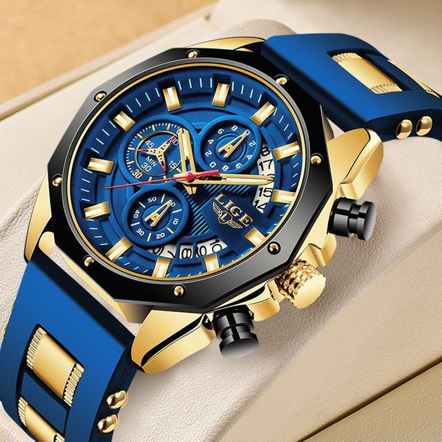 LIGE Chronograph Armbanduhr, Quarz, Blau, Silikon, Herren - Bild 1