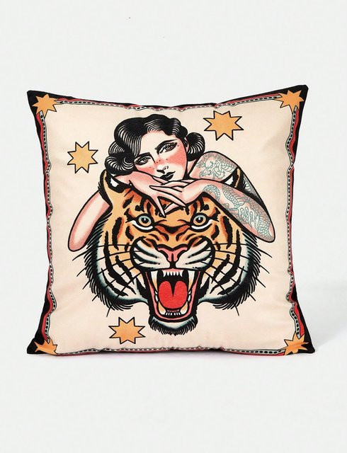 JMG Clothing Kissenbezug Vintage Tiger Tattoo Art Stil in Schwarz und Beige, B/B: 40 x 40 cm - Bild 1