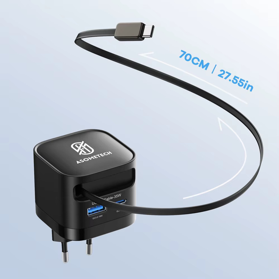 ASOMETECH 35 W GaN USB-C Ladegerät mit einziehbarem Typ-C-Kabel, 3 USB-Anschlüsse PD3.0 QC3.0 PPS Schnellladegerät, Schwarz - Bild 4
