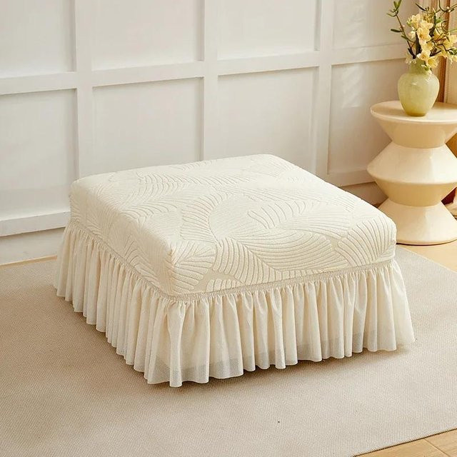 Jacquard Quadratischer Hockerbezug mit Schürze in Beige für deine Wohnzimmerdekoration - Bild 1