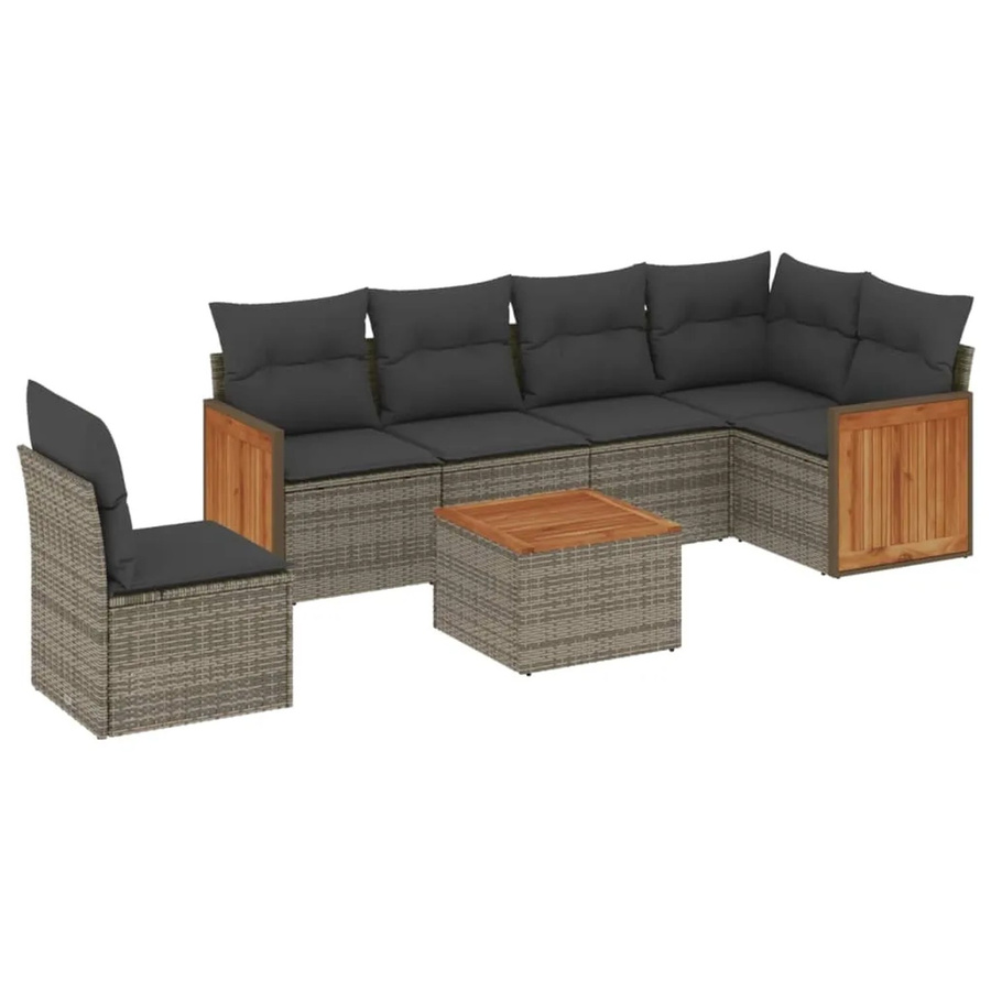 vidaXL 7-teilige Garten-Sofagarnitur in L-Form aus Polyrattan und Akazienholz mit Kissen in Grau - Bild 2